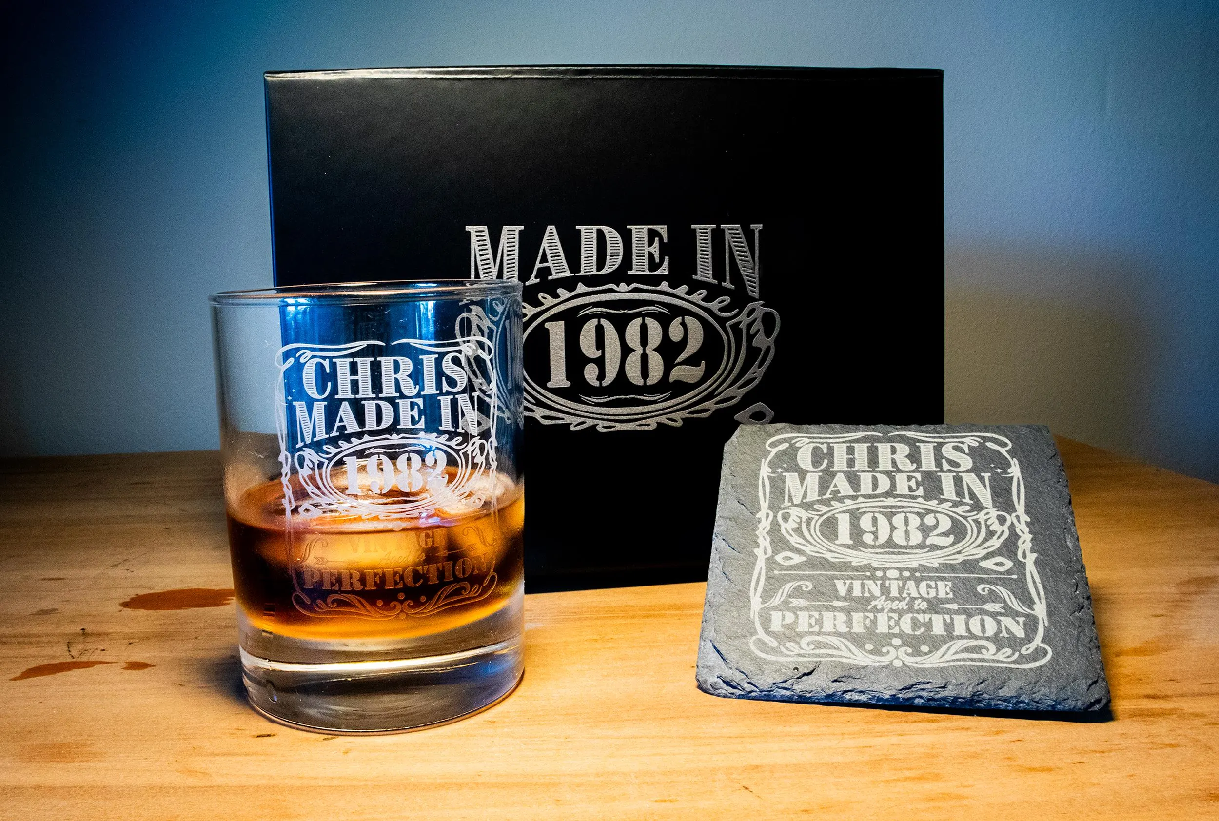 Birthday Personalised Whiskey Tumbler & Slate Coaster Set
